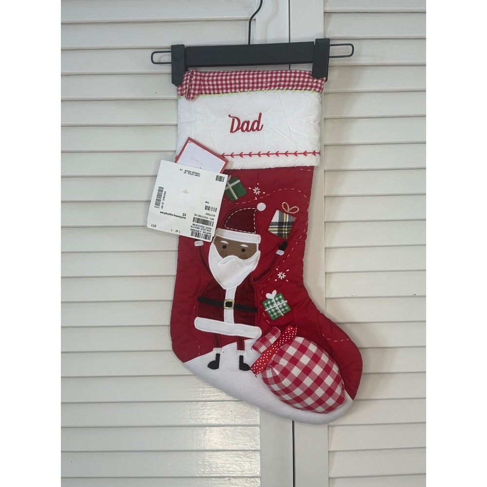 NWT Pottery Barn Kids Black‎ African American Santa DAD Embroidered Stocking 19"